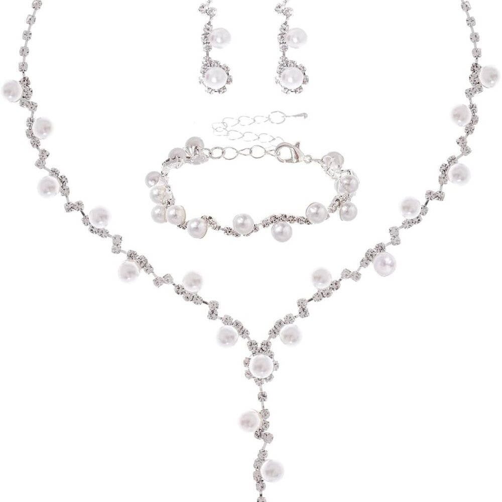 Women Jewelry Set Silver Necklace Earrings Bracelet Rhinestone Crystal Bridal We